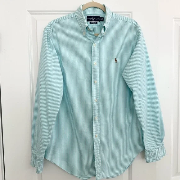 Ralph Lauren Oversized Fit Blue / Green & White Striped Button-Down Oxford Shirt - Picture 3 of 16